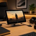 découvrez un coin cinéma au bureau avec une tablette windows et un support malin pour un setup pratique et confortable.