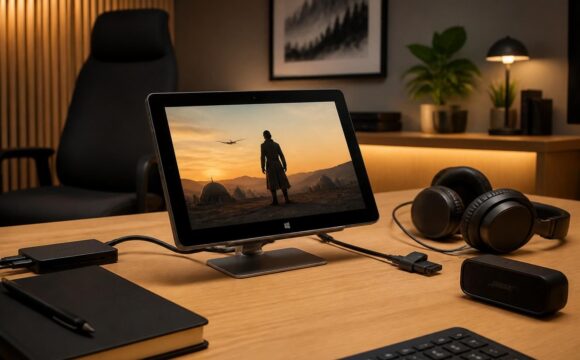 découvrez un coin cinéma au bureau avec une tablette windows et un support malin pour un setup pratique et confortable.