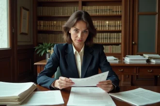 Avocate examinant un document juridique avec mention 'non fournie' dans un cabinet parisien