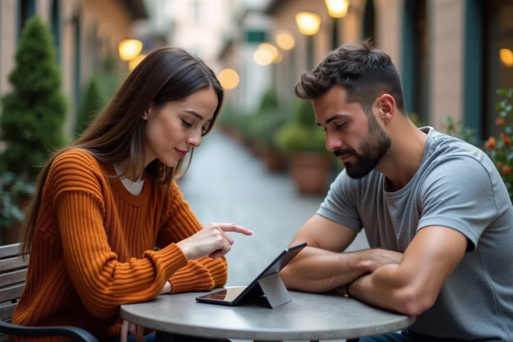 Deux joueurs discutant de la faiblesse des Pokémon de type Dragon sur une tablette en terrasse de café