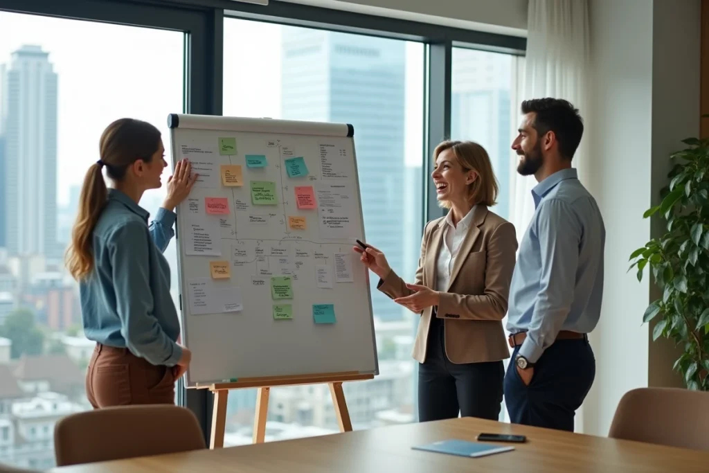 Équipe professionnelle discutant des stratégies d'identité numérique autour d'un tableau blanc lors d'une réunion d'entreprise, représentant les débats autour des opportunités et risques numériques