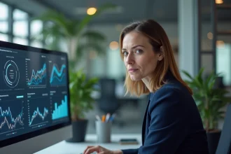 Femme professionnelle analysant des données d'identité numérique sur un écran dans un bureau moderne, illustrant les enjeux de la gestion de l'identité en ligne