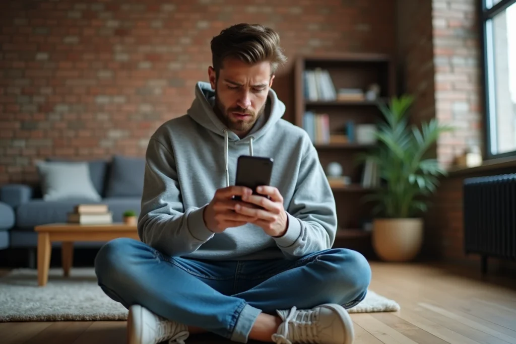 Jeune homme consultant son identité numérique sur smartphone dans un appartement urbain, symbolisant les risques et opportunités liés aux données personnelles en ligne