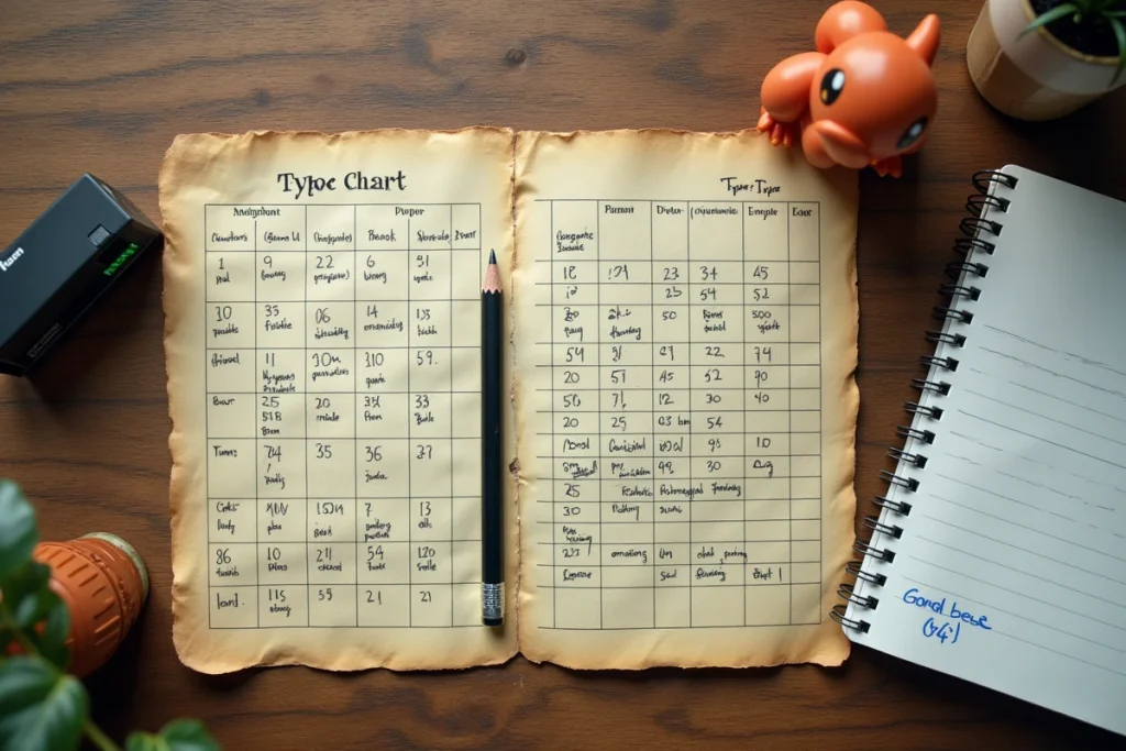Tableau des types Pokémon annoté à la main avec figurine dragon et notes de stratégie