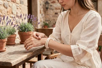 Femme portant un bracelet en perles artisanal sur une terrasse méditerranéenne en été