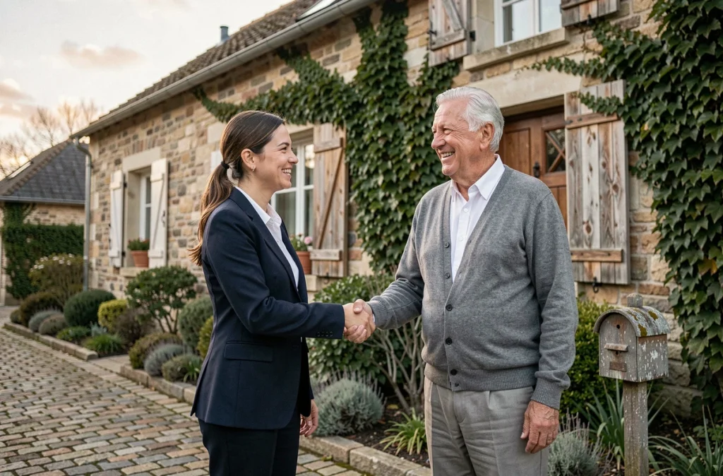 Jeune acquéreuse serrant la main d'un vendeur senior devant une maison en viager