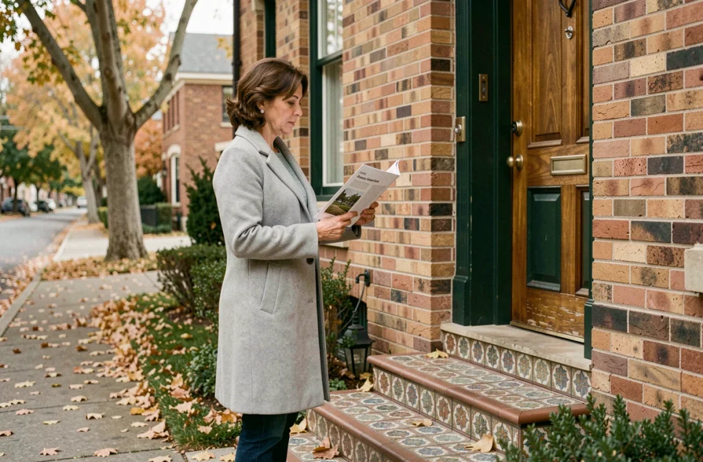 Femme examinant une brochure immobilière devant une maison ancienne en brique des années 1930 en automne, marché des maisons anciennes 2024
