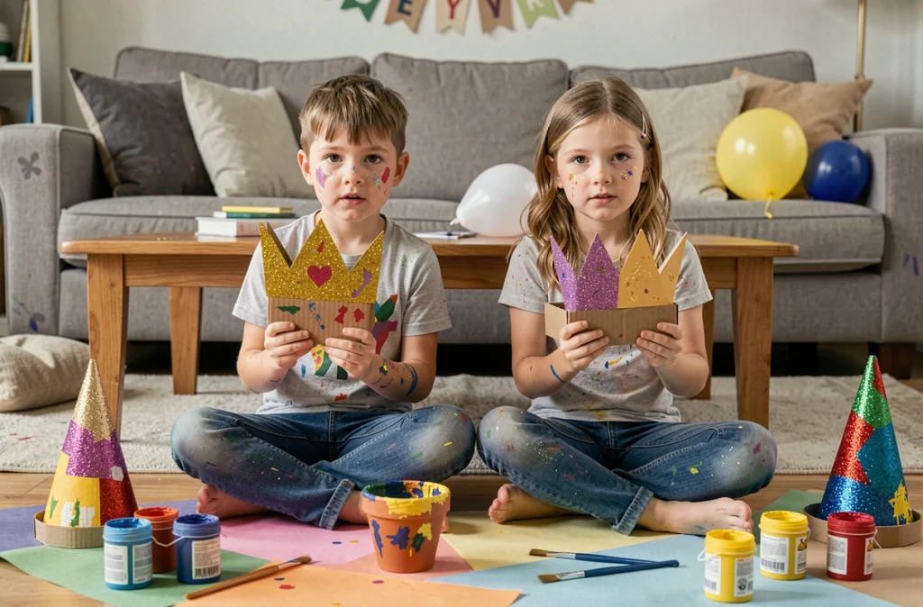 Deux enfants fiers montrant leurs créations artisanales faites maison lors d'un atelier activité anniversaire