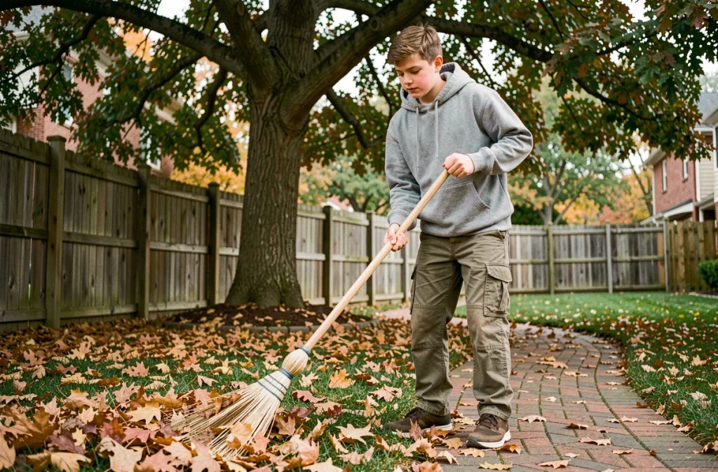 Adolescent de 14 ans balayant les feuilles mortes dans un jardin, illustrant l'autonomie et les responsabilités des jeunes ados