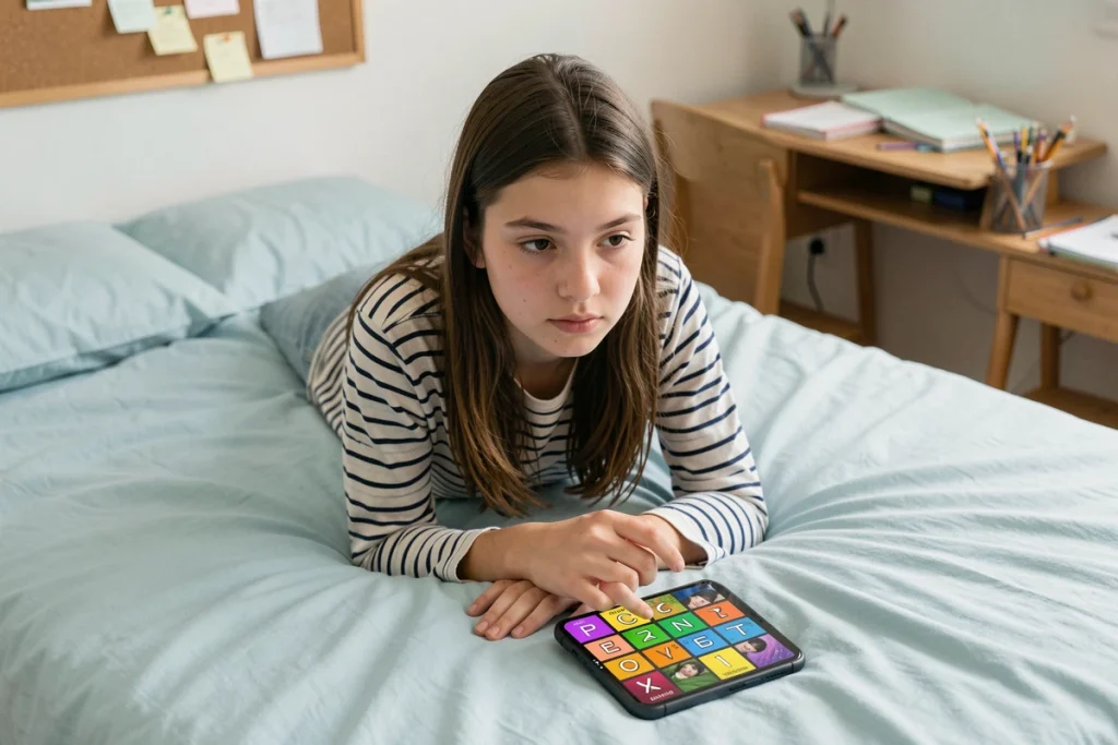 Adolescente allongée sur son lit cherchant la solution d'un mot de 7 ou 8 lettres dans le jeu 4 Images 1 Mot
