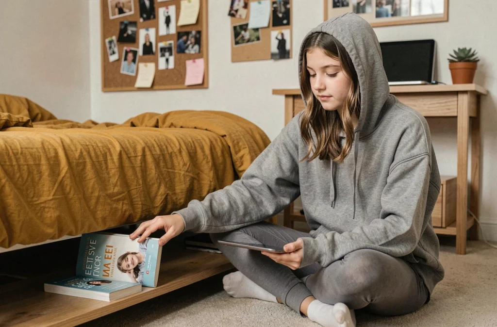Une adolescente posant sa tablette pour reprendre la lecture d'un livre dans sa chambre