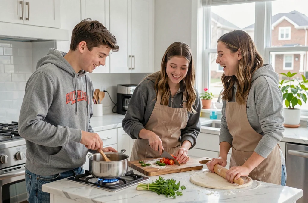 Adolescents et leur mère préparant ensemble un repas maison dans une cuisine moderne, épluchant des légumes et cuisinant dans une ambiance détendue et complice