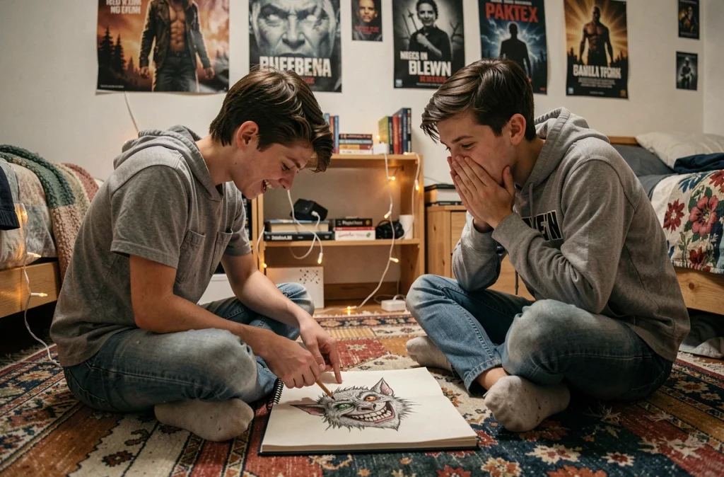 Deux adolescents découvrant ensemble un dessin de creepypasta effrayant dans un carnet de croquis posé sur le sol