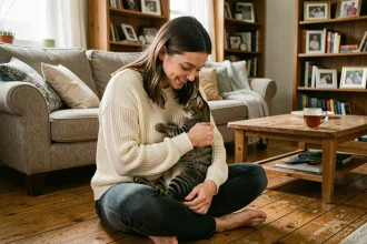 Jeune femme tenant un chaton dans un salon familial chaleureux, illustrant l'adoption d'un animal de compagnie en famille