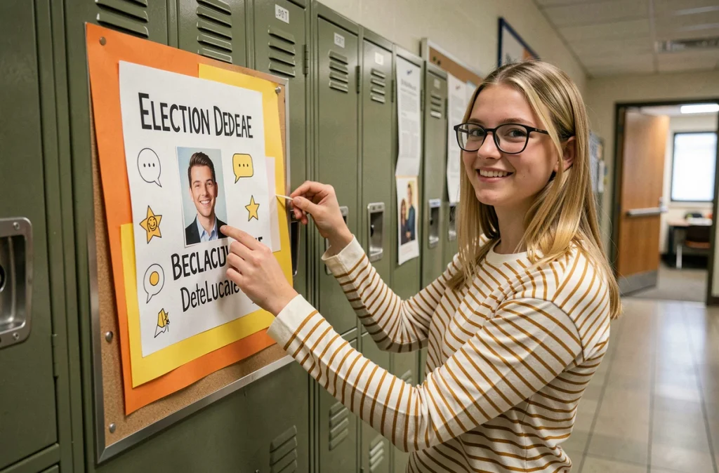 Lycéenne accrochant une affiche soignée pour l'élection du délégué de classe sur un tableau d'affichage dans un couloir scolaire
