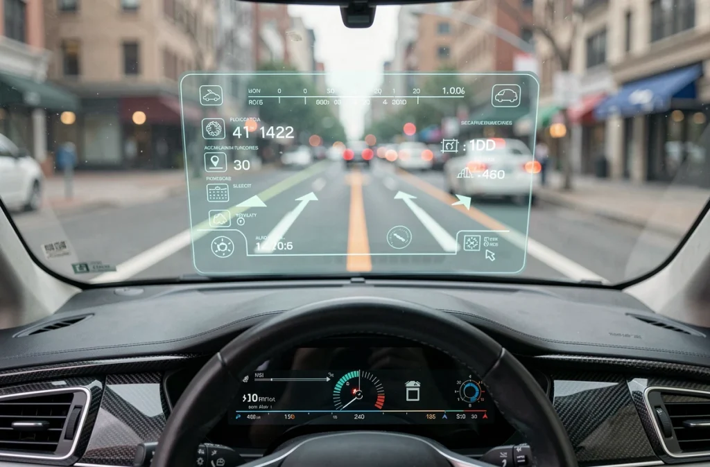 Affichage tête haute en réalité augmentée projeté sur le pare-brise d'un véhicule en circulation urbaine