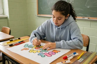 Élève de collège dessinant une affiche élection délégué de classe colorée à la main sur un bureau en bois