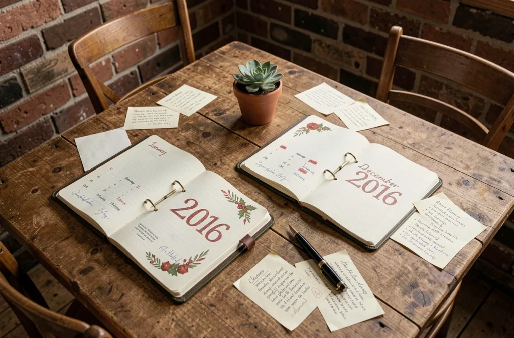 Vue grand angle de deux agendas ouverts sur une table en bois montrant des dates de fêtes clés en 2026, entourés de notes et d'un stylo vintage dans un café