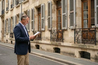 Agent immobilier devant une maison ancienne en pierre dans une rue française, illustrant la stabilisation du marché immobilier en 2024