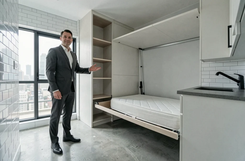 Agent immobilier présentant un micro-studio rénové avec rangements intégrés