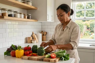 Femme d'âge mûr préparant des légumes frais dans une cuisine moderne pour une alimentation équilibrée contre le diabète de type 2