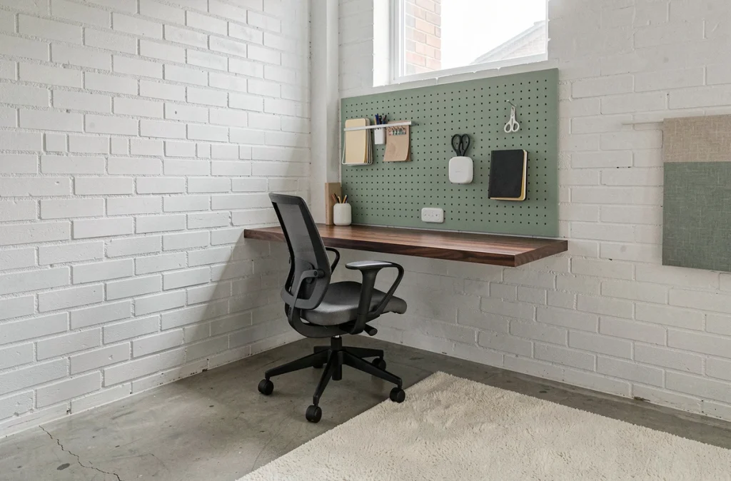 Coin bureau minimaliste aménagé dans une niche murale avec bureau flottant en chêne, pegboard vert sauge et chaise ergonomique dans un petit appartement moderne