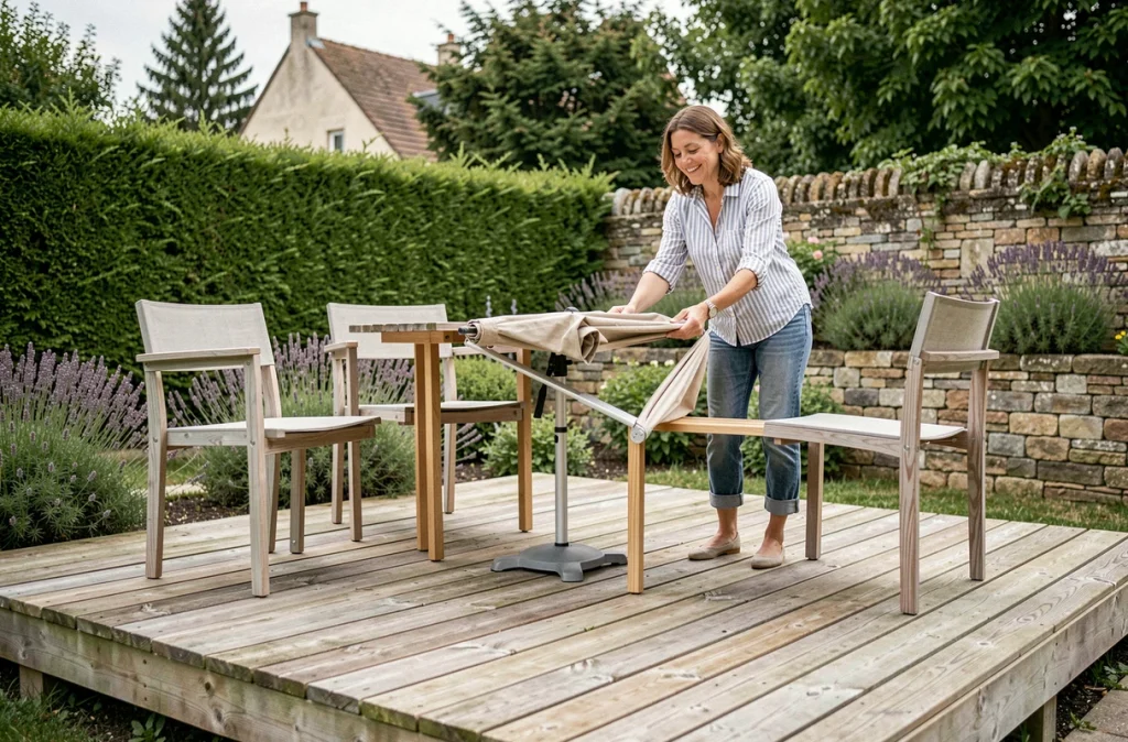 Femme aménageant une terrasse éphémère en bois dans un jardin de maison individuelle avec mobilier de plein air