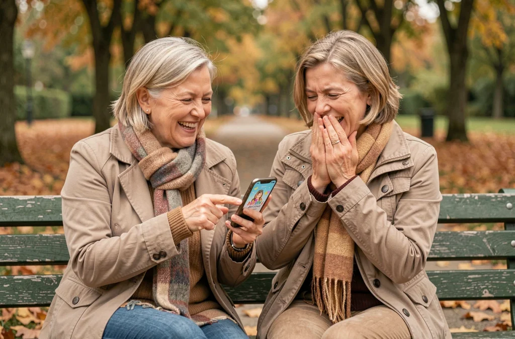 Deux femmes riant ensemble en regardant un GIF d'anniversaire humoristique sur un téléphone dans un parc en automne