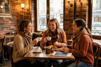 Trois amies trentenaires riant ensemble dans un café parisien avec des éléments astrologiques chinois sur la table, illustrant les relations amicales selon le signe astrologique chinois 1993