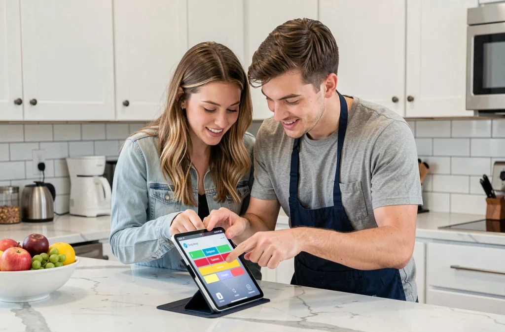 Deux amis collaborant sur une tablette pour résoudre ensemble le défi quotidien Cemantix dans une cuisine moderne
