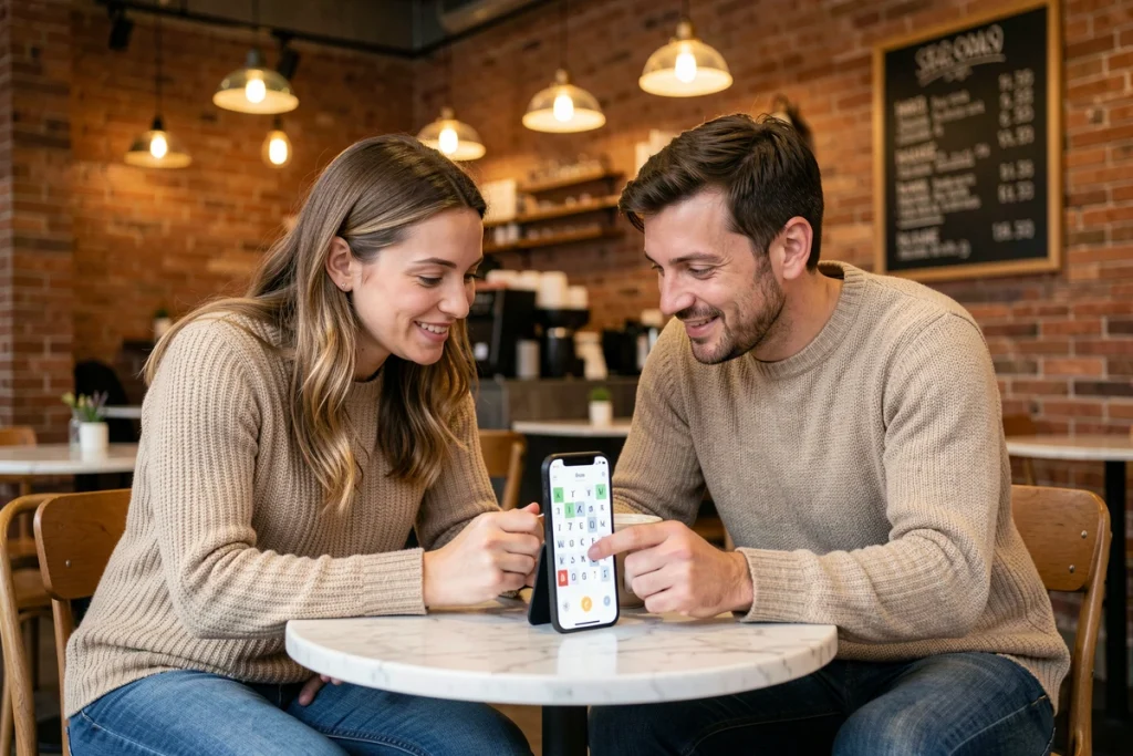 Deux amis cherchant ensemble la réponse à un jeu de mots 4 Images 1 Mot dans un café