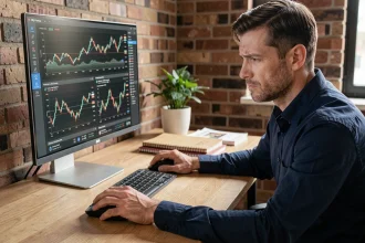 Homme analysant des graphiques de cryptomonnaies sur un écran d'ordinateur dans un bureau moderne