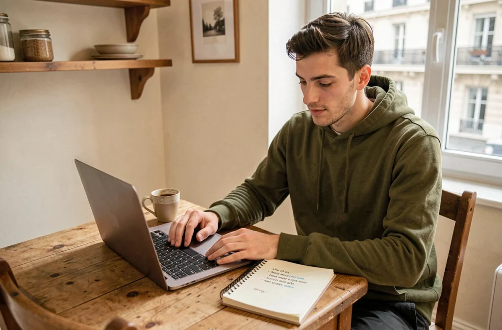 Jeune homme apprenant les stations de la ligne 14 avec des moyens mnémotechniques à son bureau à Paris