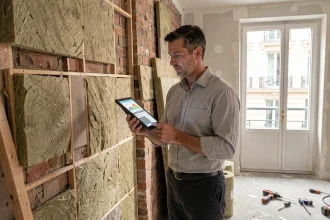 Architecte inspectant des panneaux d'isolation thermique dans un appartement en cours de rénovation énergétique