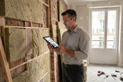 Architecte inspectant des panneaux d'isolation thermique dans un appartement en cours de rénovation énergétique