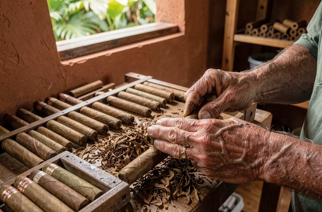 Artisan roulant un cigare fait main dans un atelier traditionnel entouré de feuilles de tabac