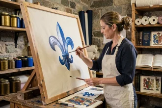 Artisane peignant à la main un motif de fleur de lis sur un tissu pour reproduire le drapeau des rois de France