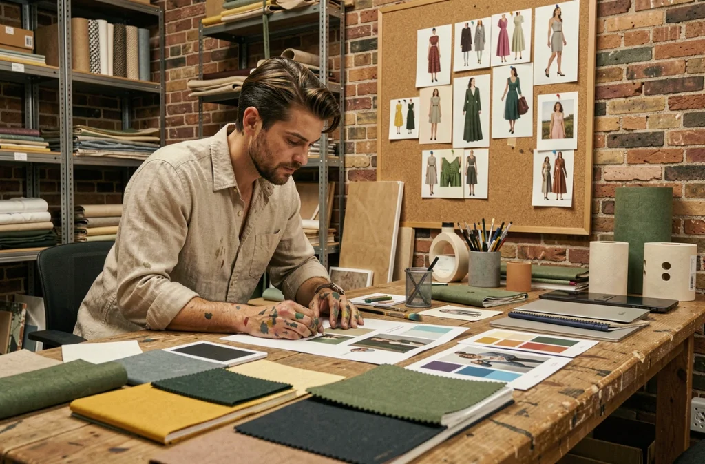 Artiste visuel collaborant avec une marque de mode dans son studio créatif, entouré de maquettes textiles et de planches tendances