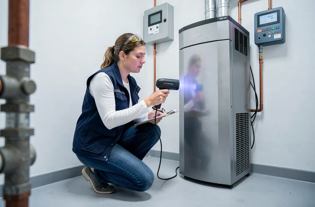 Auditrice énergétique inspectant une pompe à chaleur dans une maison rénovée selon les nouvelles normes