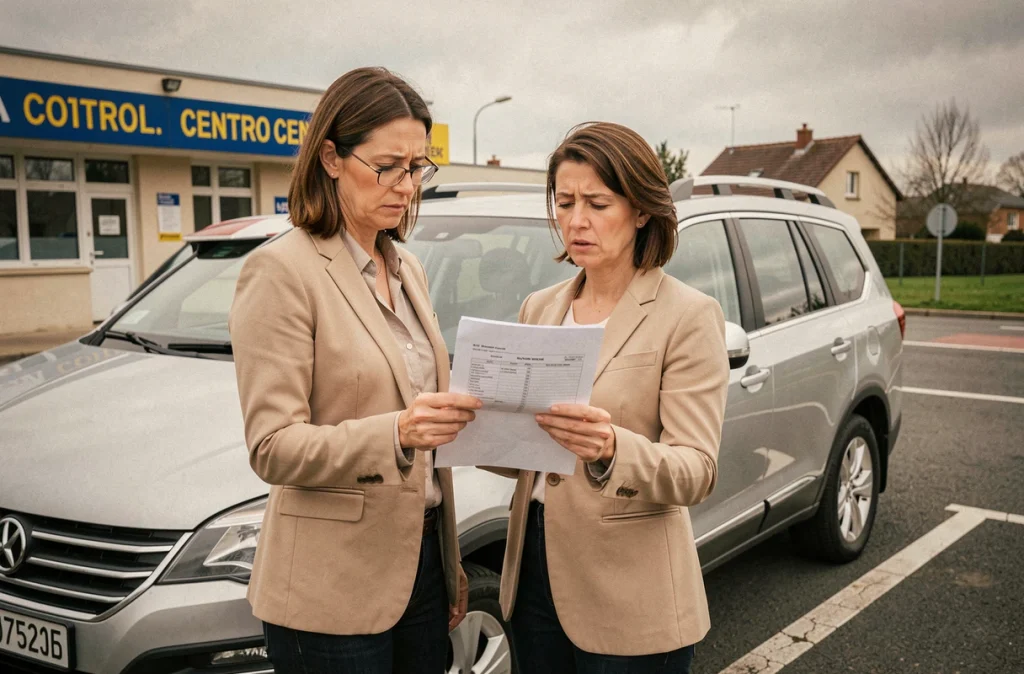 Automobiliste consultant son rapport de contrôle technique devant un centre officiel de contrôle en France