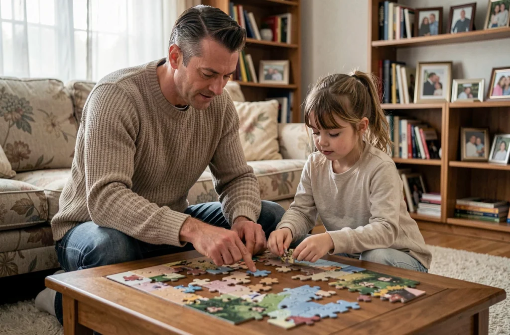 Un beau-père et sa belle-fille jouent ensemble à un puzzle dans un salon familial décontracté
