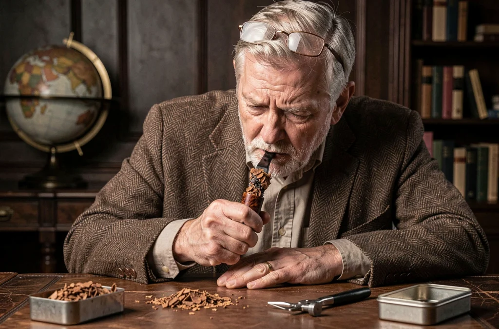Amateur de pipe âgé frustré par un bourrage trop serré de sa pipe briar, assis dans un bureau classique entouré d'accessoires
