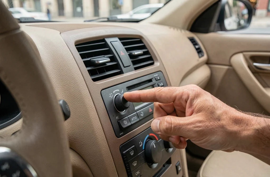 Gros plan d'une main appuyant sur le bouton de climatisation du tableau de bord d'une voiture
