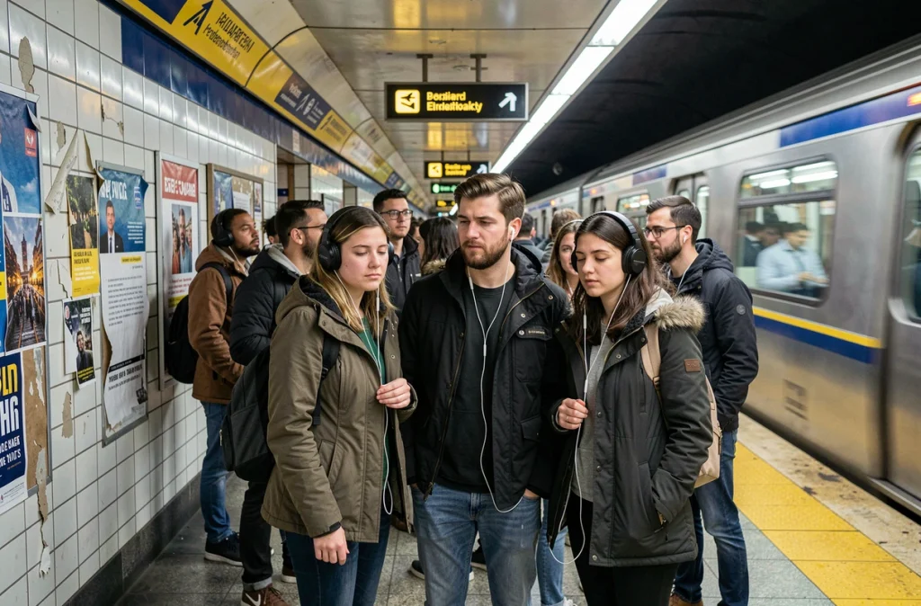 Voyageurs dans le métro portant des écouteurs exposés au bruit sonore urbain quotidien