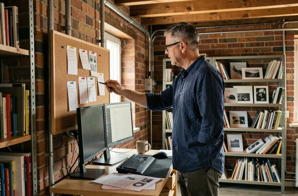 Homme consultant ses notes dans un bureau fonctionnel aménagé dans un petit espace loft avec colonne structurelle, double écran et étagères industrielles