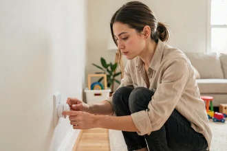 Mère installant un cache-prise de sécurité pour enfant dans un salon familial