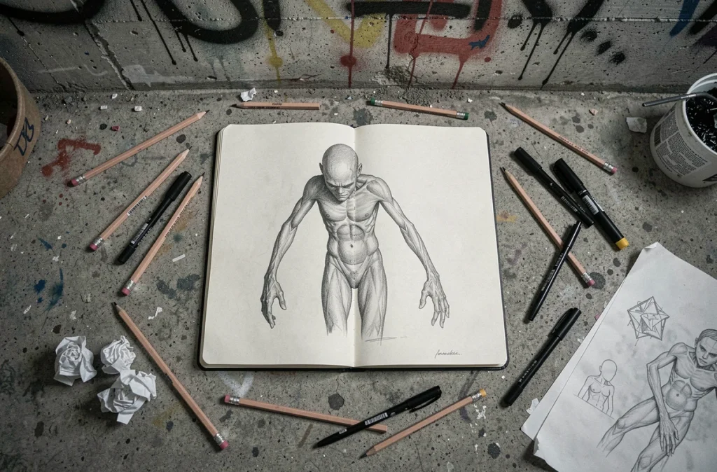 Carnet de croquis ouvert sur un dessin de monstre creepypasta entouré de crayons et brouillons froissés