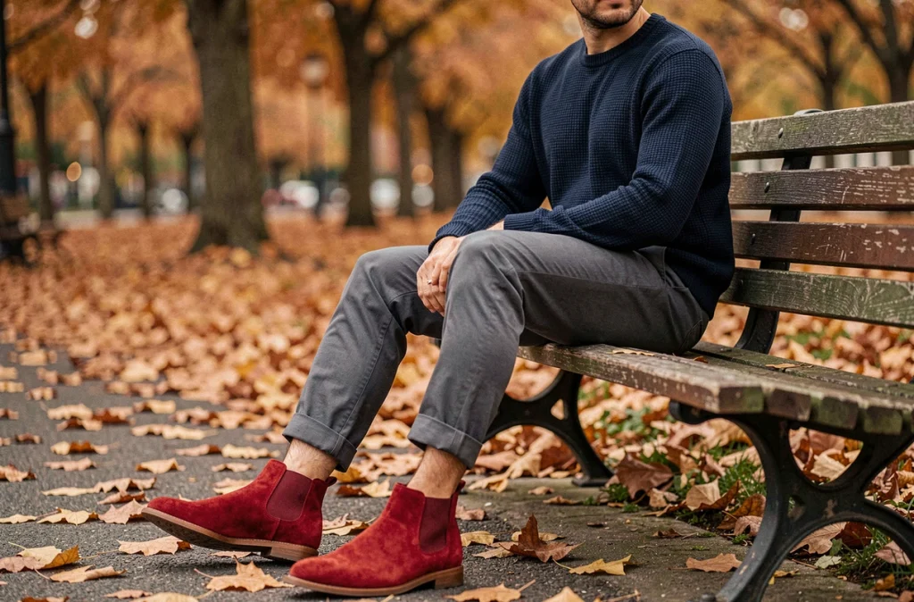 Homme assis sur un banc de parc portant des boots Chelsea rouge vif en daim en automne