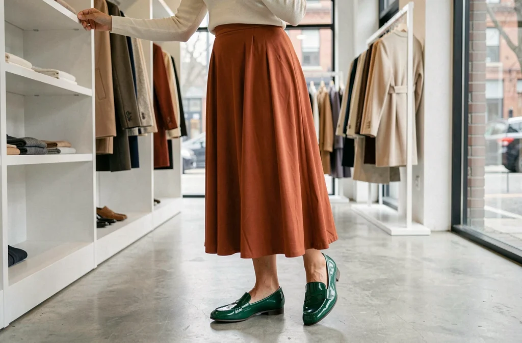 Femme en boutique portant des mocassins vert émeraude en cuir verni avec une jupe terracotta