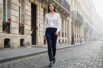Femme portant des chaussures Oxford bleues cobalt sur un trottoir parisien en pavés